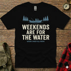 Black t-shirt with "Weekends Are For The Water" and "Work Hard All Week" text.