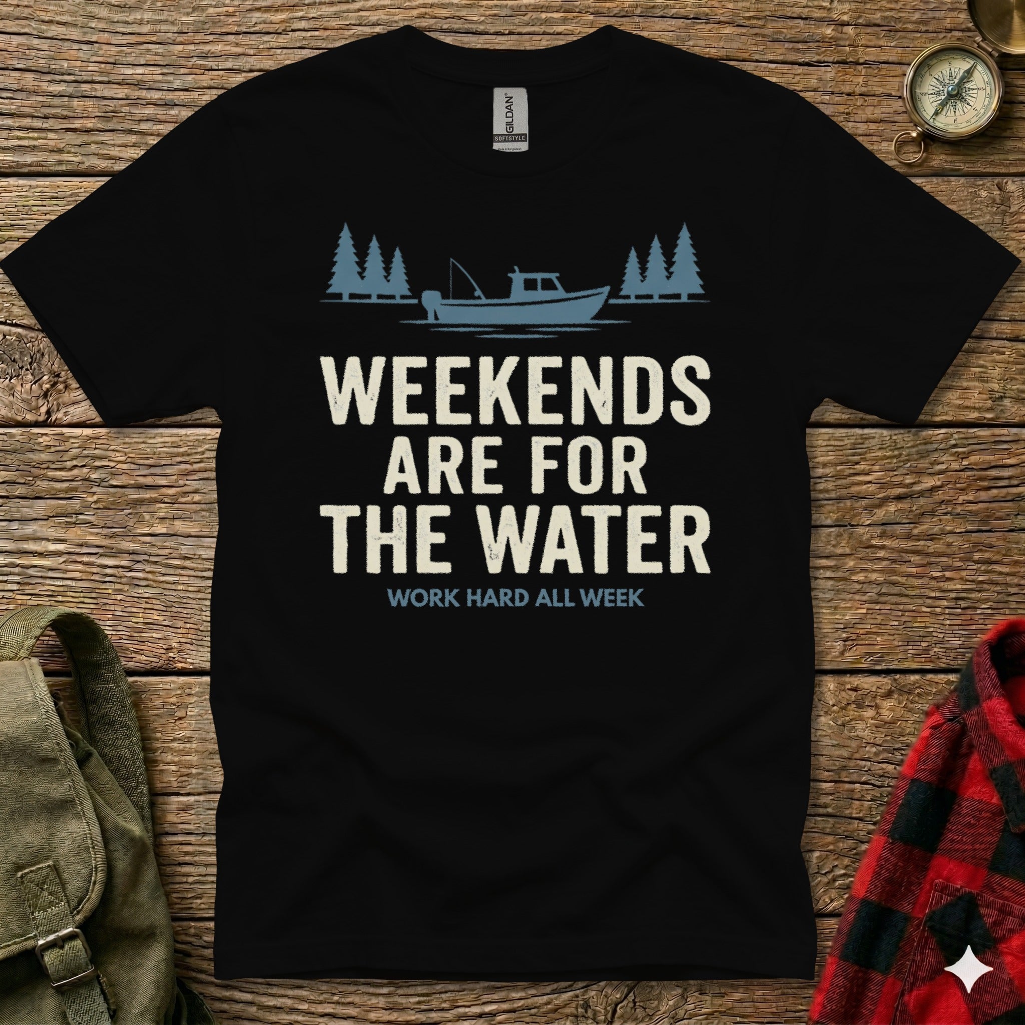 Black t-shirt with "Weekends Are For The Water" and "Work Hard All Week" text.