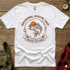 T-shirt graphic: cartoon bass wearing hard hat, text "Professional Overtime Taker Amateur Fish Staker".