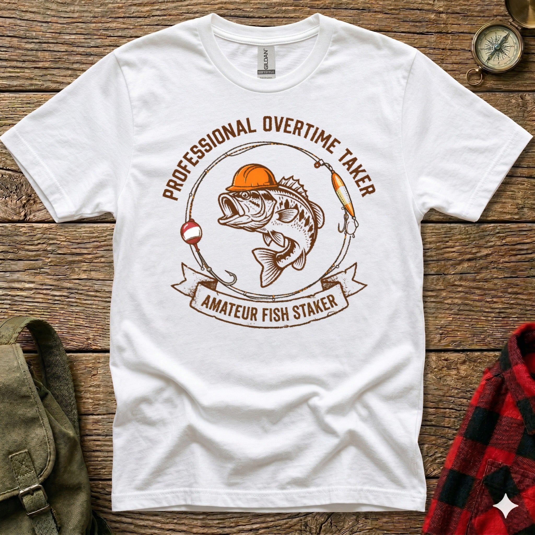 T-shirt graphic: cartoon bass wearing hard hat, text "Professional Overtime Taker Amateur Fish Staker".