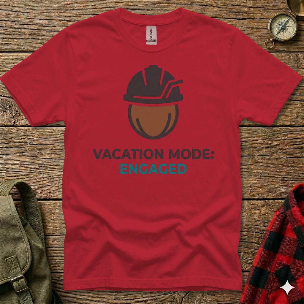 Red t-shirt with "Vacation Mode: Engaged" text and a helmet graphic.