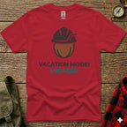 Red t-shirt with "Vacation Mode: Engaged" text and a helmet graphic.