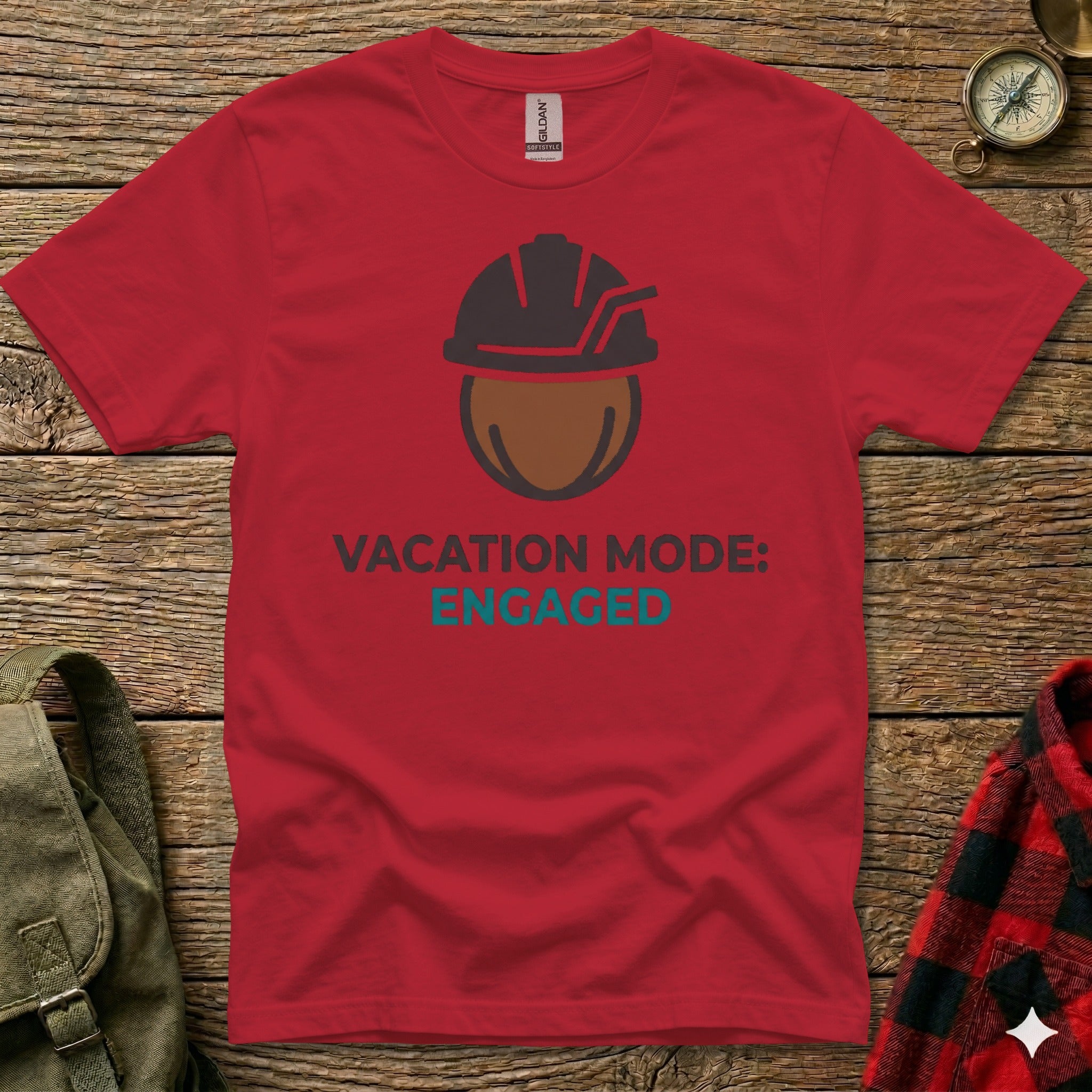 Red t-shirt with "Vacation Mode: Engaged" text and a helmet graphic.