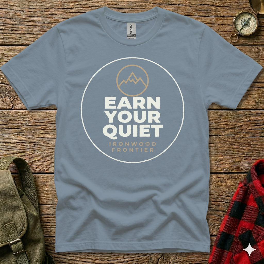 Grey t-shirt with circular "Ironwood Frontier" logo featuring mountains and text.