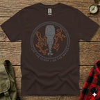 Brown t-shirt with graphic of outboard motor and text "Off the Clock / On the Water".