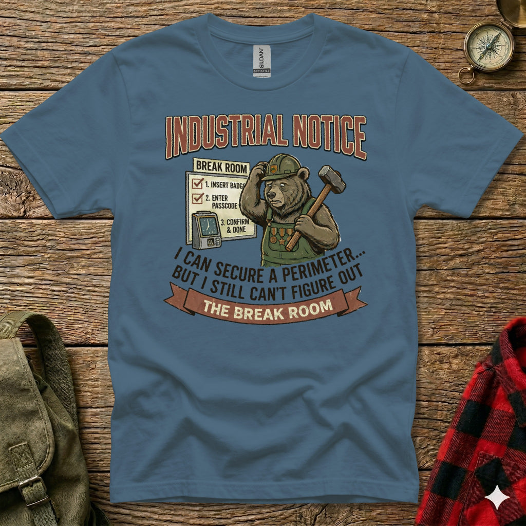 Bear in hard hat with hammer points to industrial notice about break room access.