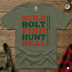 Green t-shirt with red text "BUILD BOLT FISH HUNT HEAL" and tagline.