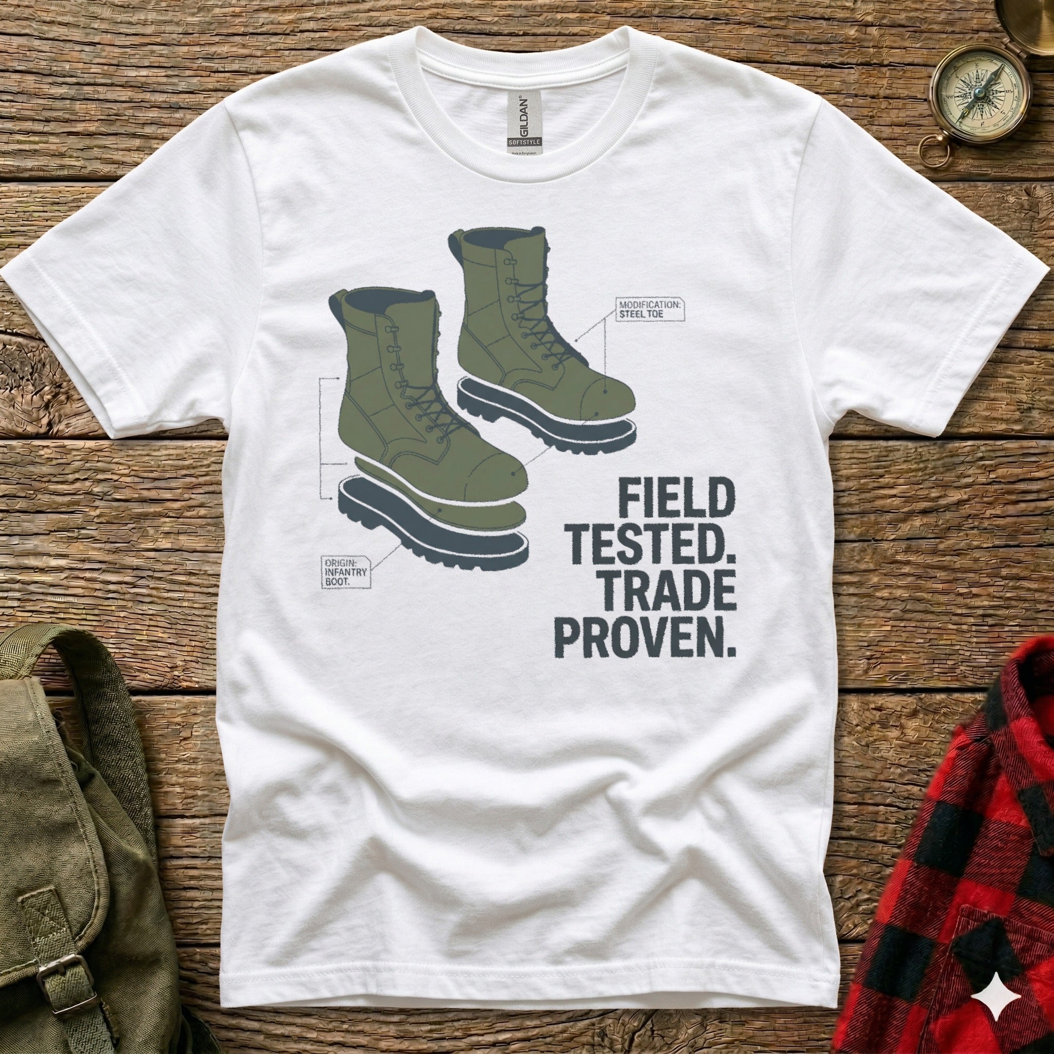 White t-shirt with graphic of green boots, text "FIELD TESTED. TRADE PROVEN."