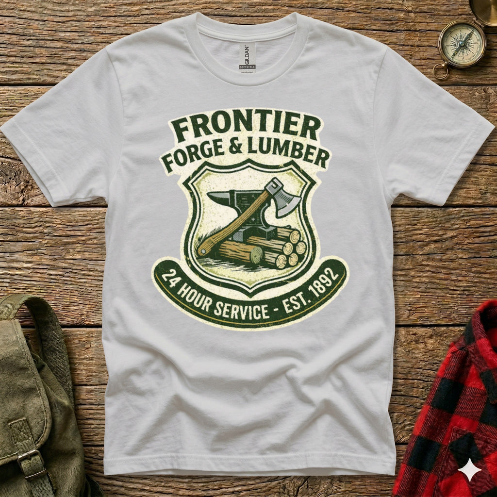 White t-shirt with Frontier Forge & Lumber logo, featuring an axe and anvil.