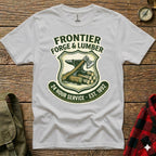 White t-shirt with Frontier Forge & Lumber logo, featuring an axe and anvil.