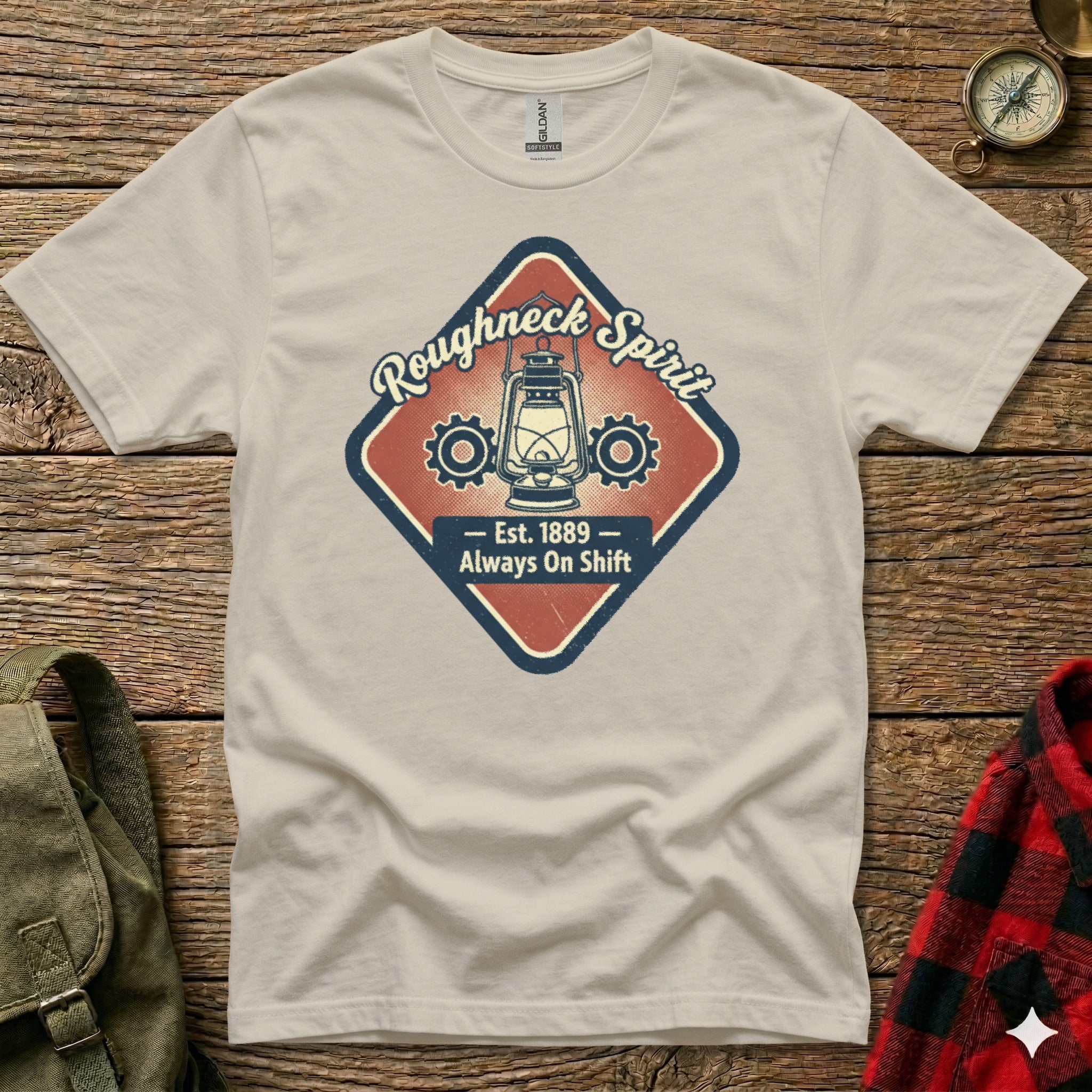 Cream t-shirt with Roughneck Spirit logo and "Est. 1889 - Always On Shift" text.