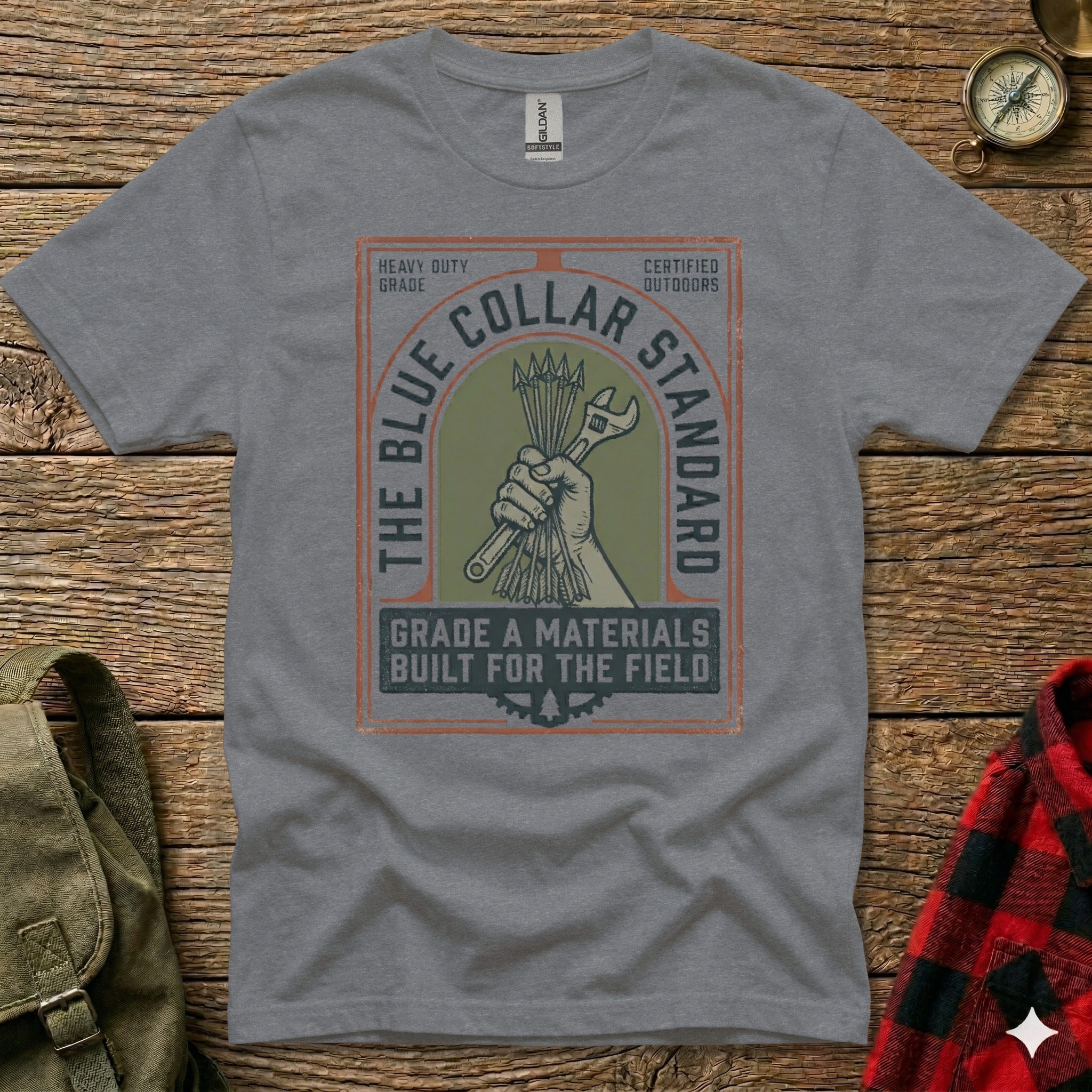 Grey t-shirt with "The Blue Collar Standard" graphic featuring a wrench.