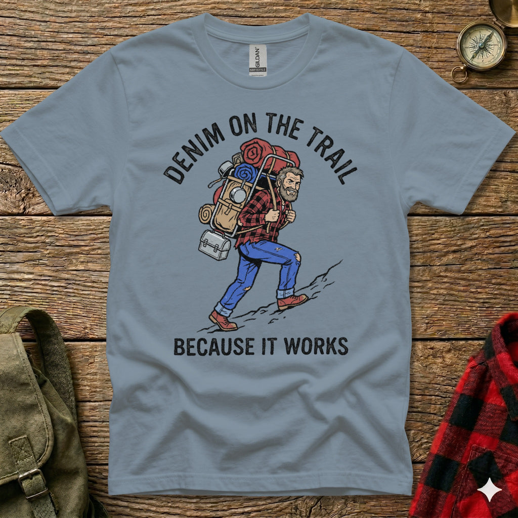 Man hiking with backpack on, "Denim on the Trail" text.