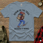 Man hiking with backpack on, "Denim on the Trail" text.
