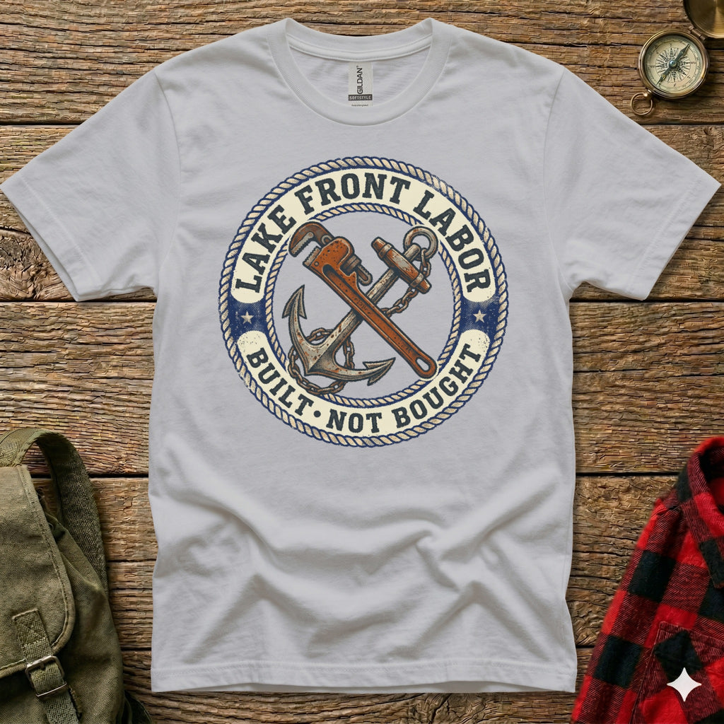 Gray t-shirt with "Lake Front Labor Built Not Bought" circular logo and anchor design.