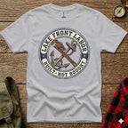 Gray t-shirt with "Lake Front Labor Built Not Bought" circular logo and anchor design.