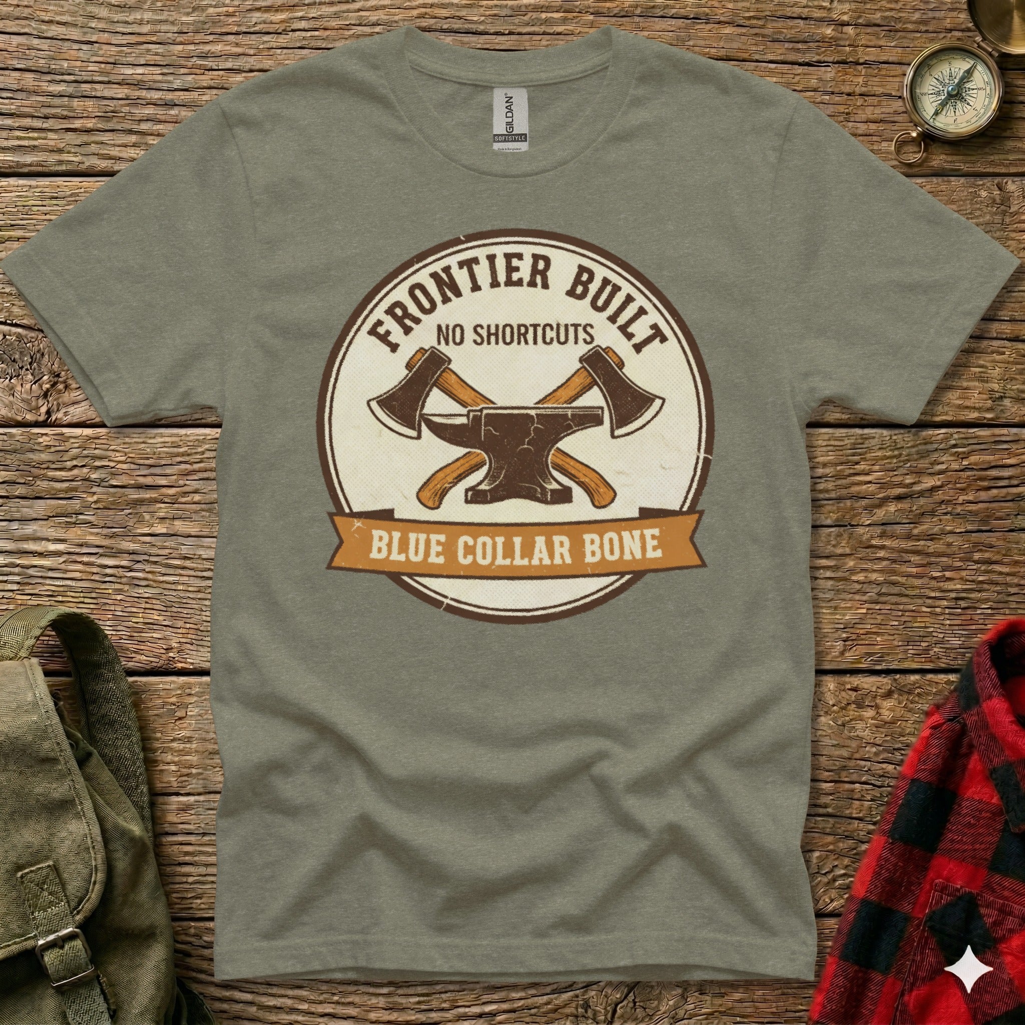T-shirt with "Frontier Built No Shortcuts Blue Collar Bone" logo and crossed axes.