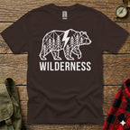 Brown t-shirt with geometric bear and trees design, and "WILDERNESS" text.