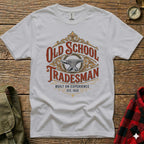 White t-shirt with "Old School Tradesman" and anvil graphic, EST. 1928.
