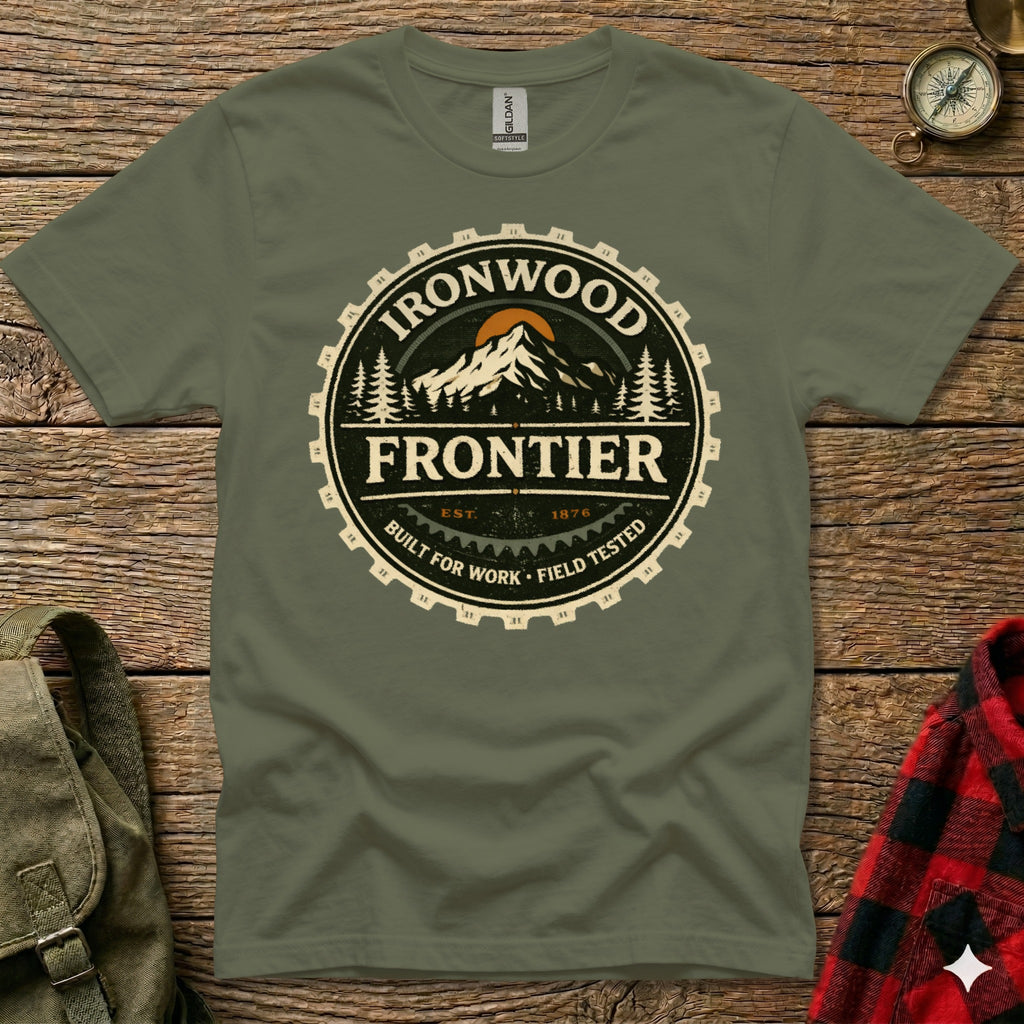 Green t-shirt with "Ironwood Frontier" logo in a gear design, est. 1876.