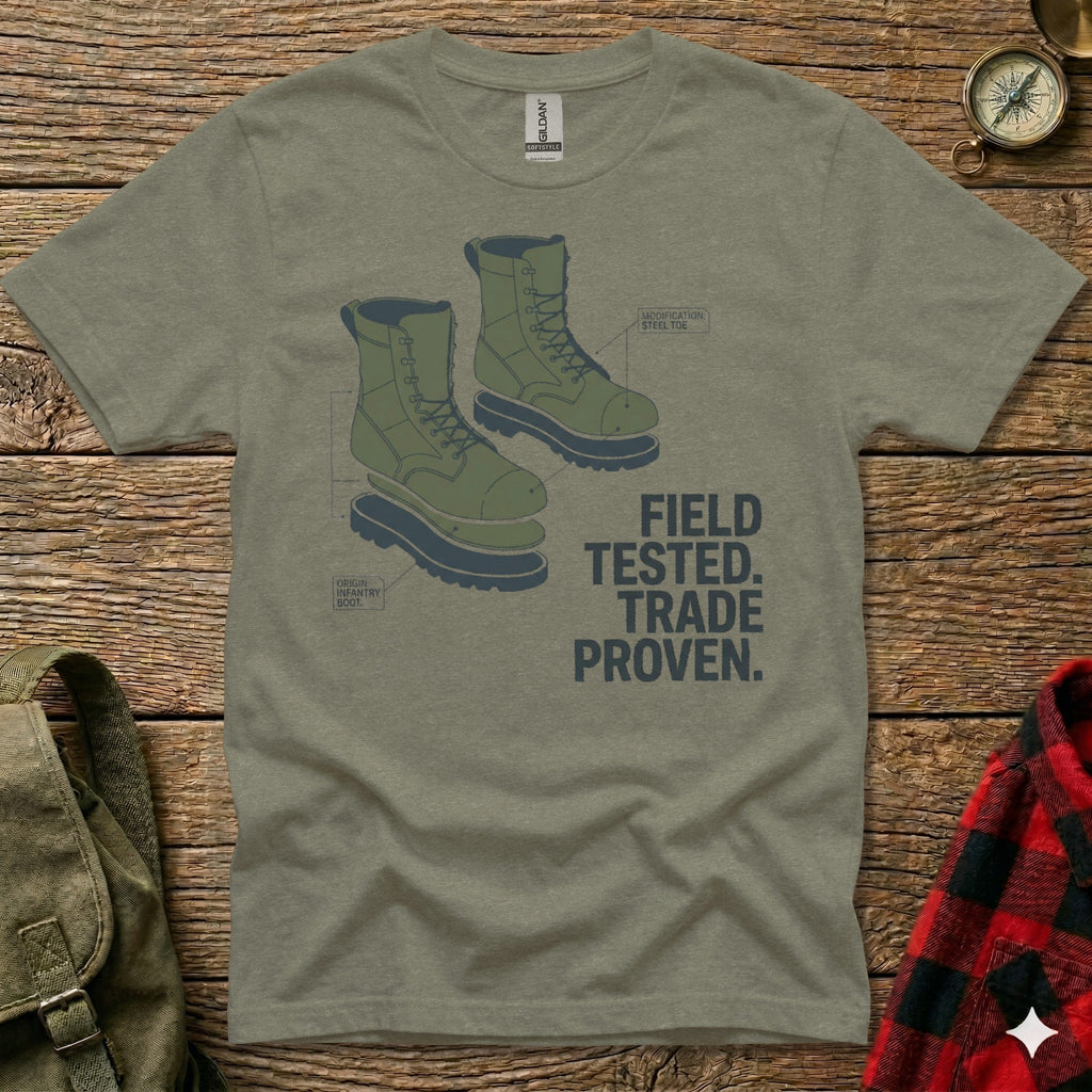 Green t-shirt with diagram of an infantry boot, showing steel toe modification.