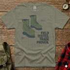 Green t-shirt with diagram of an infantry boot, showing steel toe modification.
