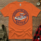 Orange t-shirt with circular graphic "Officially the Captain" and boat.