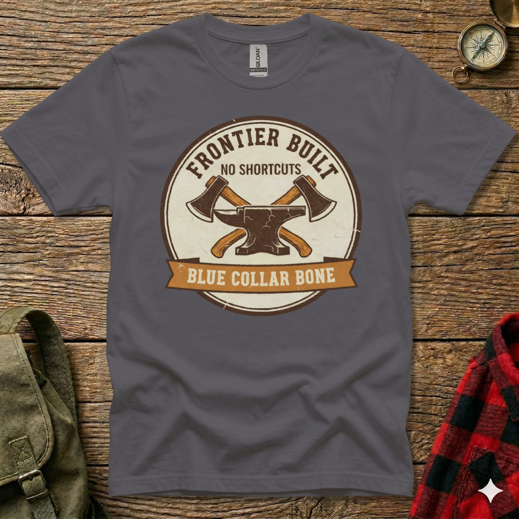 Dark grey t-shirt with vintage "Frontier Built" logo featuring crossed axes and anvil.