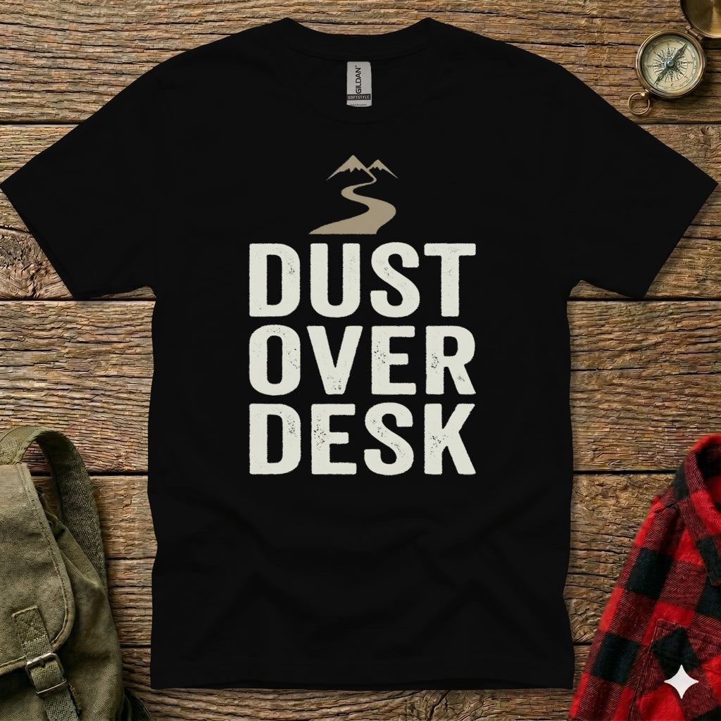 Black t-shirt with "Dust Over Desk" text and mountain graphic.