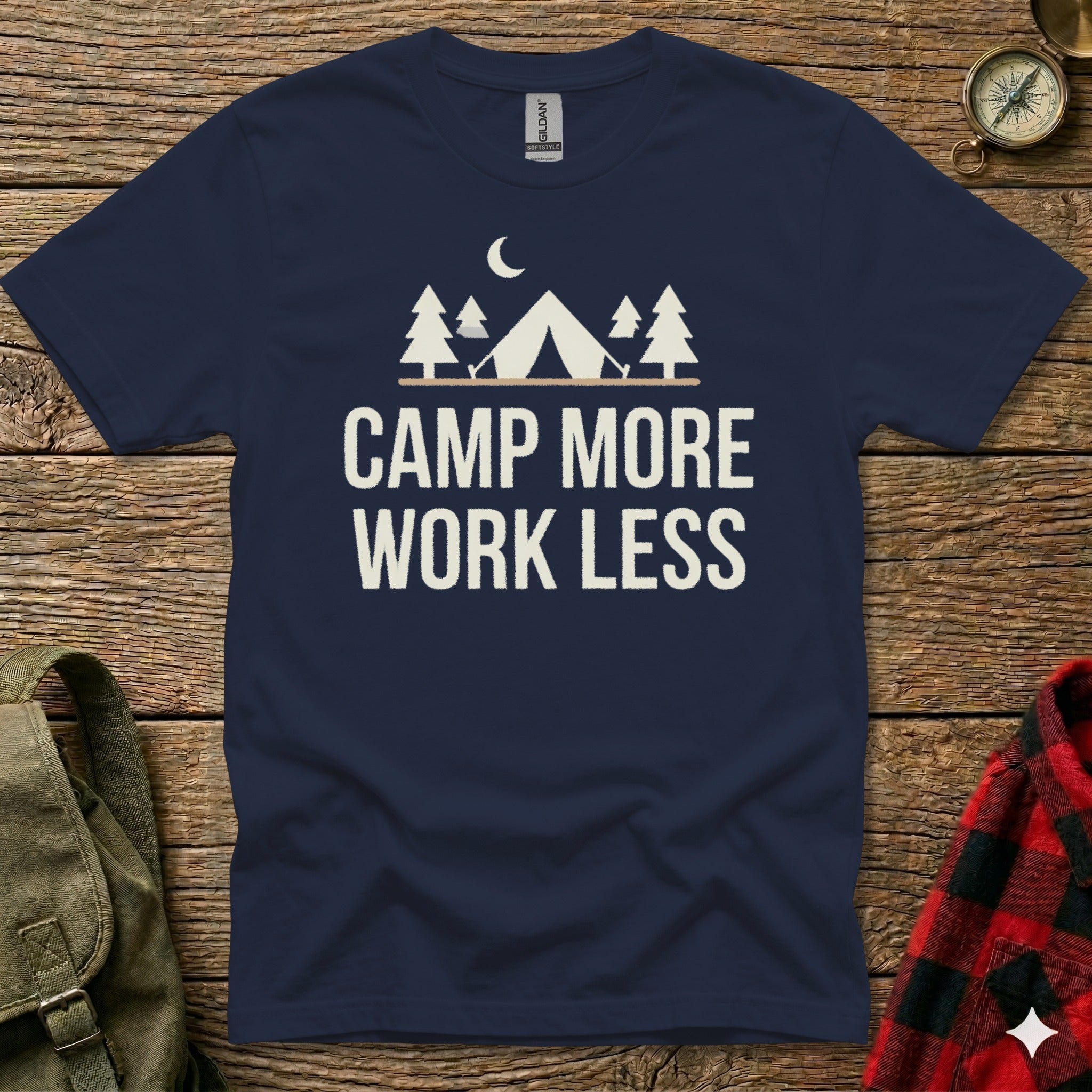 Navy t-shirt with white text "CAMP MORE WORK LESS" and a tent graphic.