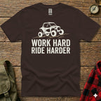 Dark brown t-shirt with white graphic of an off-road vehicle and text "WORK HARD RIDE HARDER".