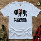 White t-shirt with black bison silhouette and "MODERN PIONEER" text.