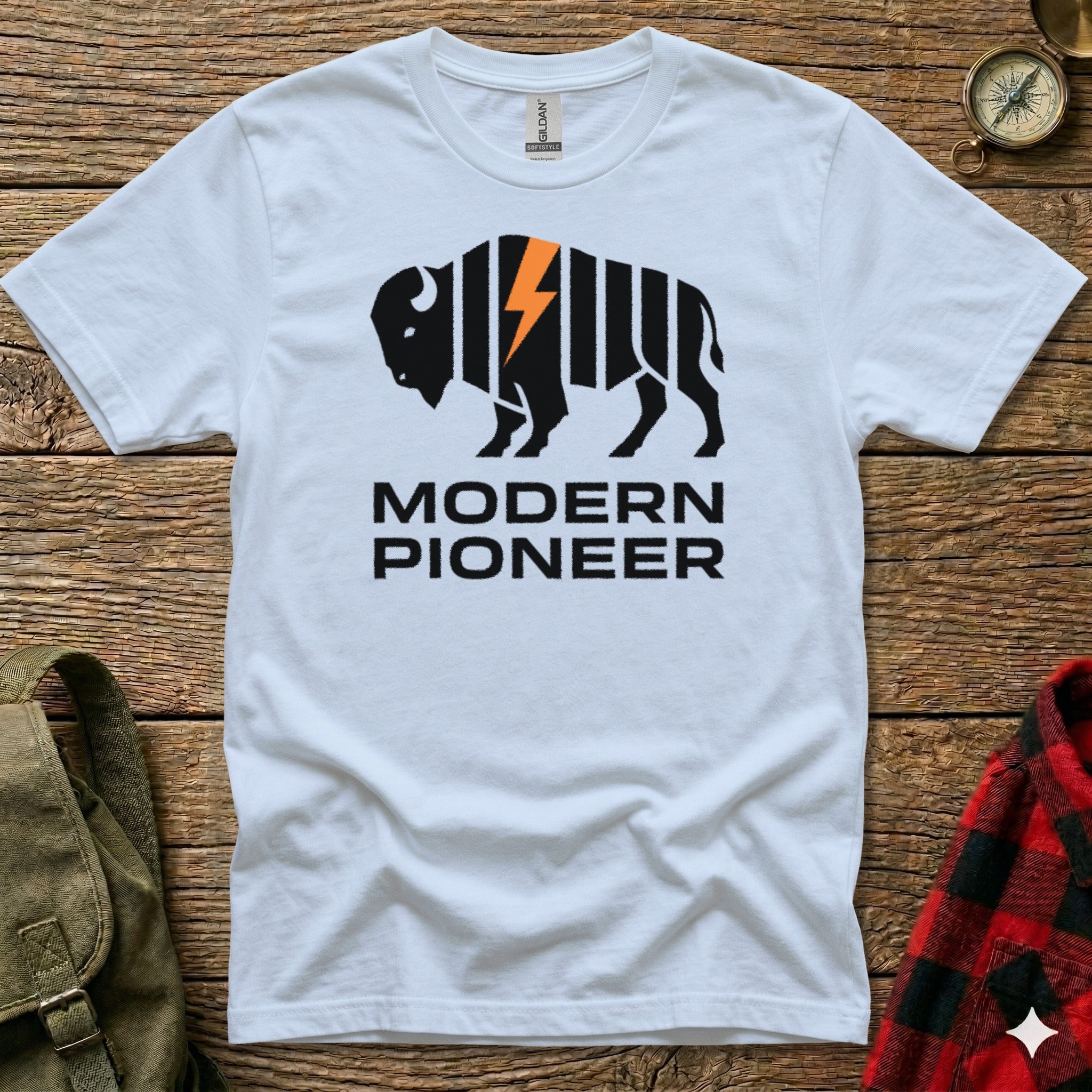 White t-shirt with black bison silhouette and "MODERN PIONEER" text.