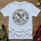 T-shirt with nautical logo featuring anchor, wrench, and text "Lake Front Labor Built Not Bought".
