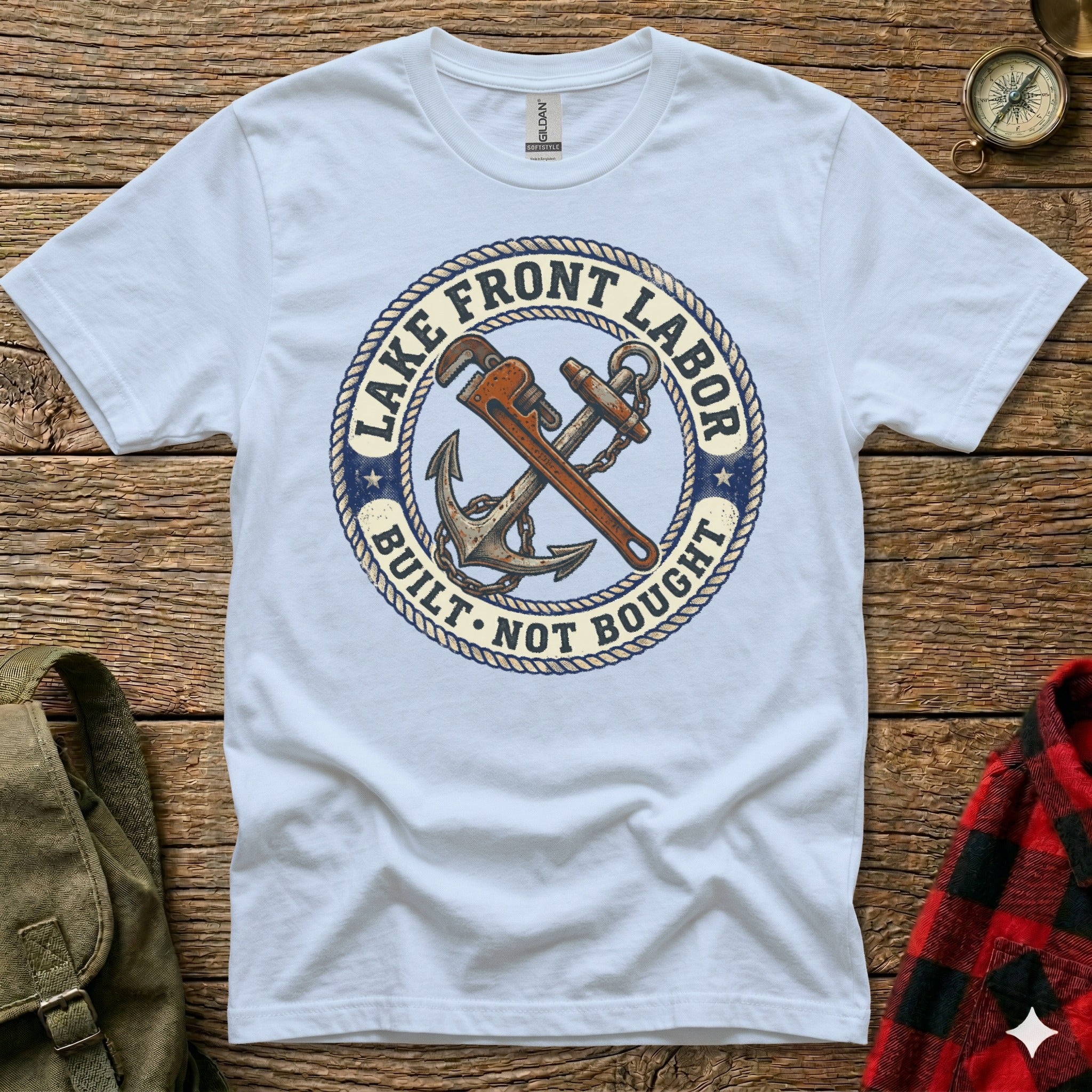 T-shirt with nautical logo featuring anchor, wrench, and text "Lake Front Labor Built Not Bought".