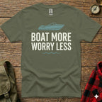 Olive green t-shirt with "BOAT MORE WORRY LESS" text and boat graphic.