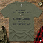 Olive green t-shirt with "Comfort Builds Nothing Hard Work Builds Everything" slogan.