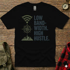 T-shirt with compass graphic and "LOW BAND-WIDTH. HIGH HUSTLE." text.