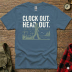 Blue t-shirt with "Clock Out. Head Out. See You At The Lake" text and graphic.
