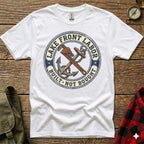 White t-shirt with circular emblem "Lake Front Labor Built Not Bought" and anchor and wrench graphic.
