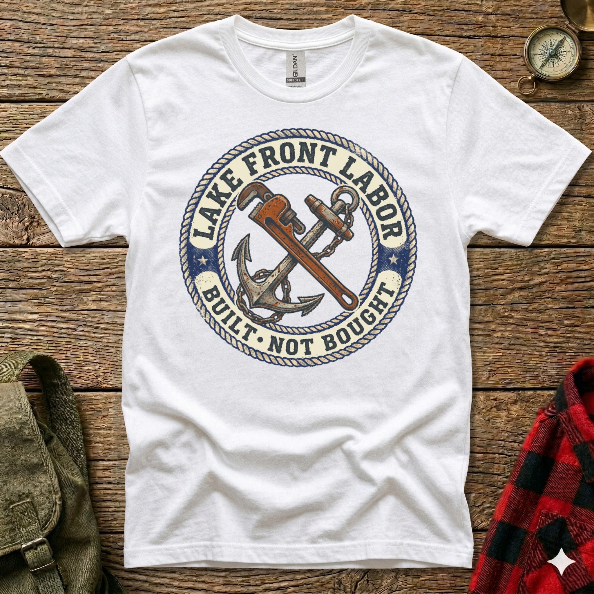 White t-shirt with circular emblem "Lake Front Labor Built Not Bought" and anchor and wrench graphic.