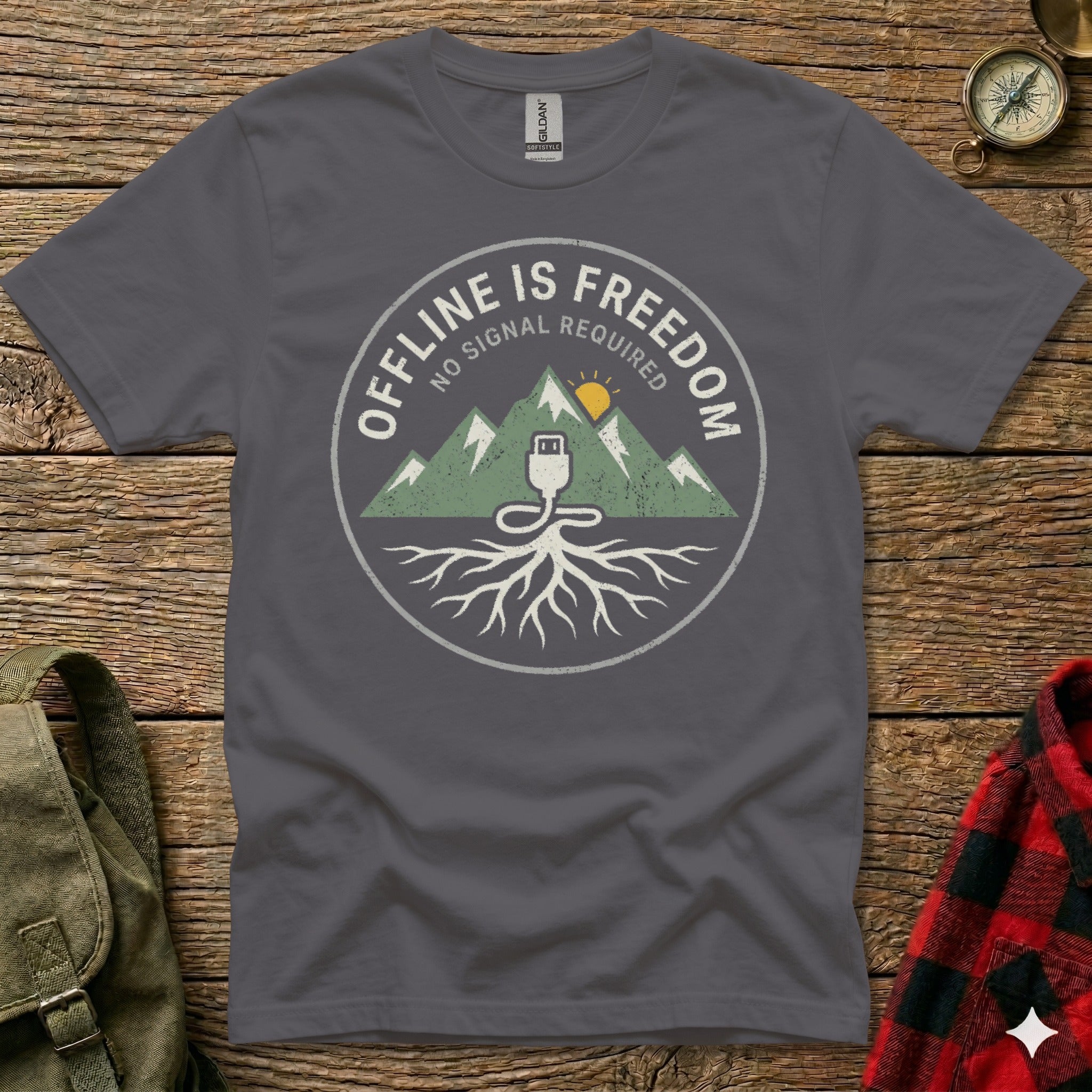 Gray t-shirt with "Offline is Freedom, No Signal Required" mountain graphic.