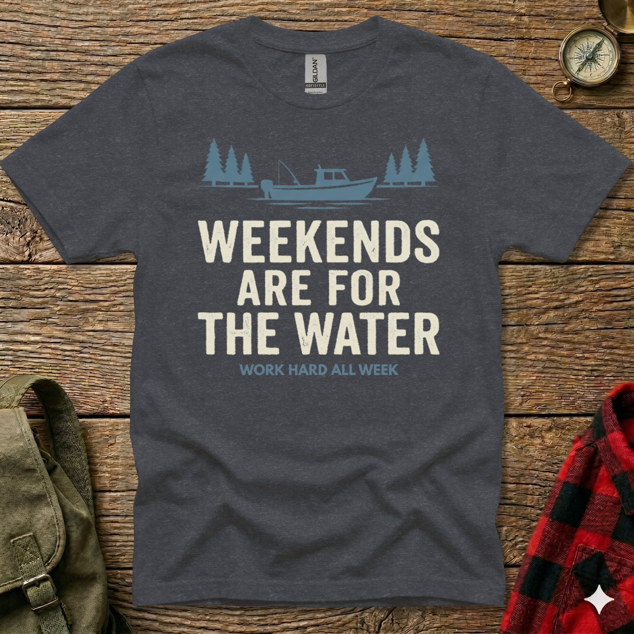 Dark t-shirt with "Weekends are for the Water" text and boat graphic.