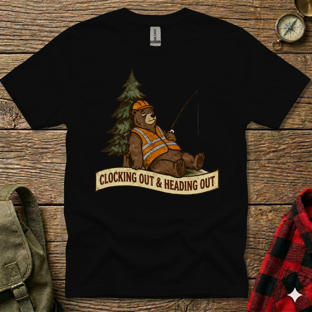 Cartoon bear in hard hat and safety vest fishing, with text "Clocking Out & Heading Out."