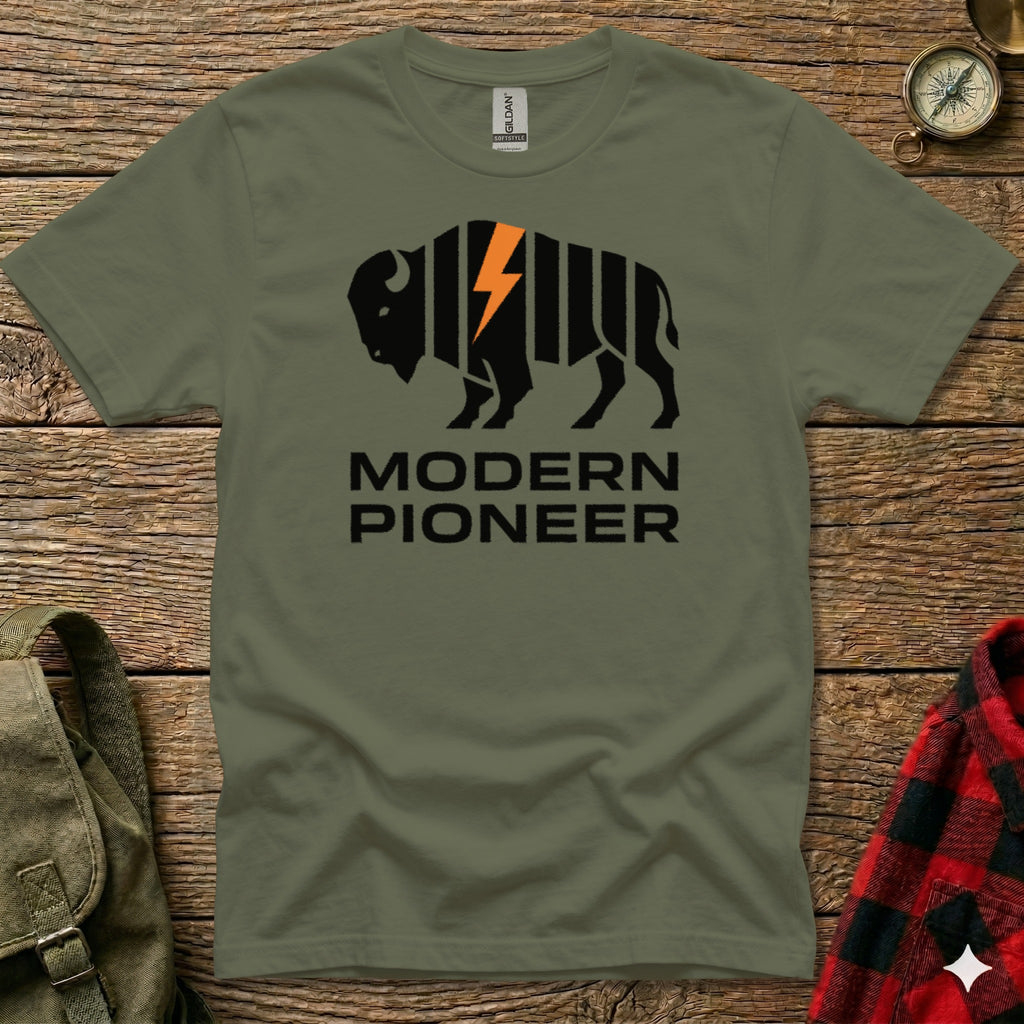 Olive t-shirt with a black bison graphic and "MODERN PIONEER" text.