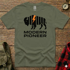 Olive t-shirt with a black bison graphic and "MODERN PIONEER" text.