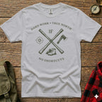 Gray t-shirt with compass, axes, and "Hard Work, True North, If No Shortcuts" text.