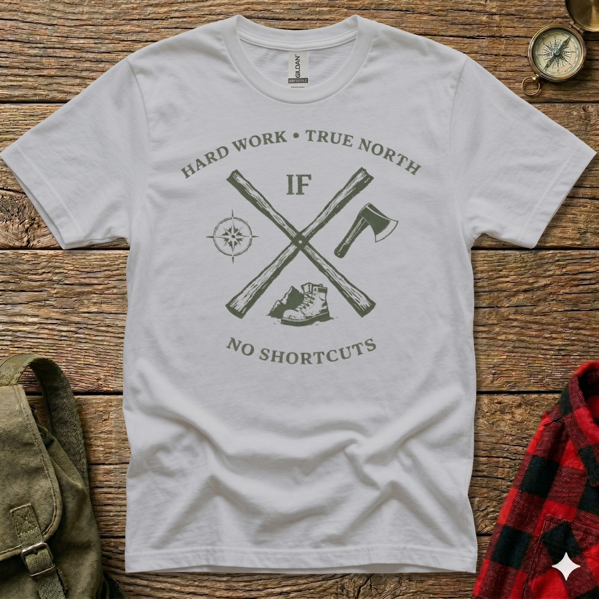 Gray t-shirt with compass, axes, and "Hard Work, True North, If No Shortcuts" text.