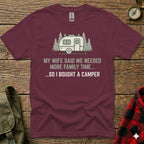 Maroon t-shirt with graphic and text about buying a camper.