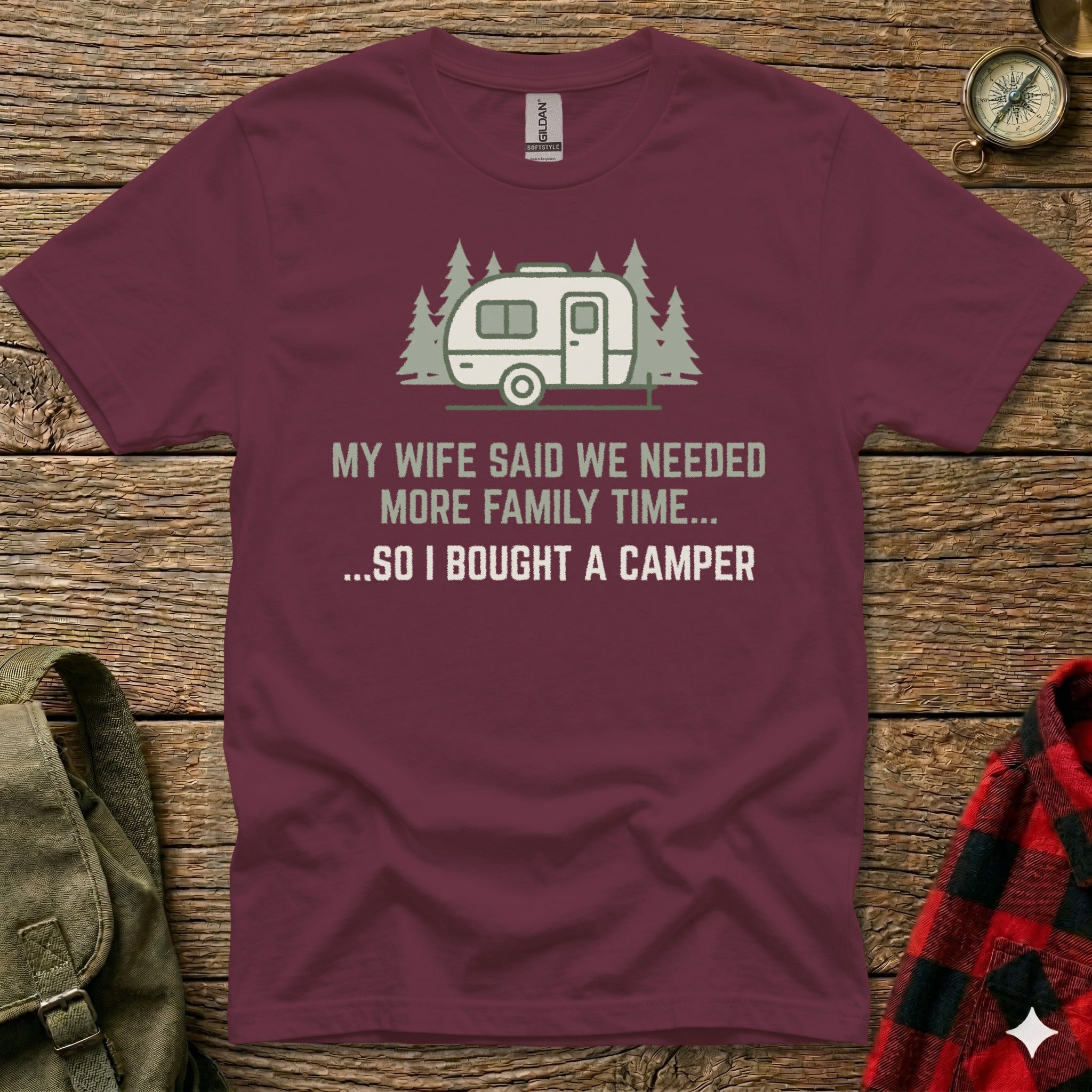 Maroon t-shirt with graphic and text about buying a camper.